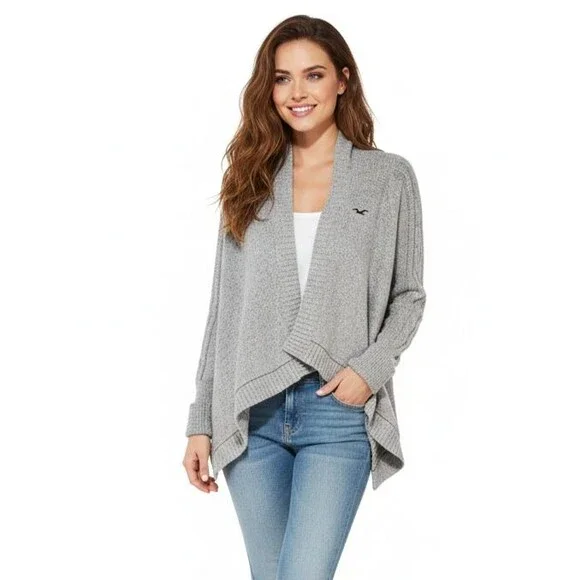 Hollister Sweater Womens M Gray Heather Waterfall Cardigan Cozy Y2K - Picture 1 of 9